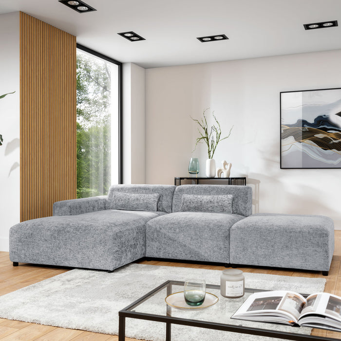 by fonQ Velura Hoekbank Links met Hocker - Chenille - Grijs