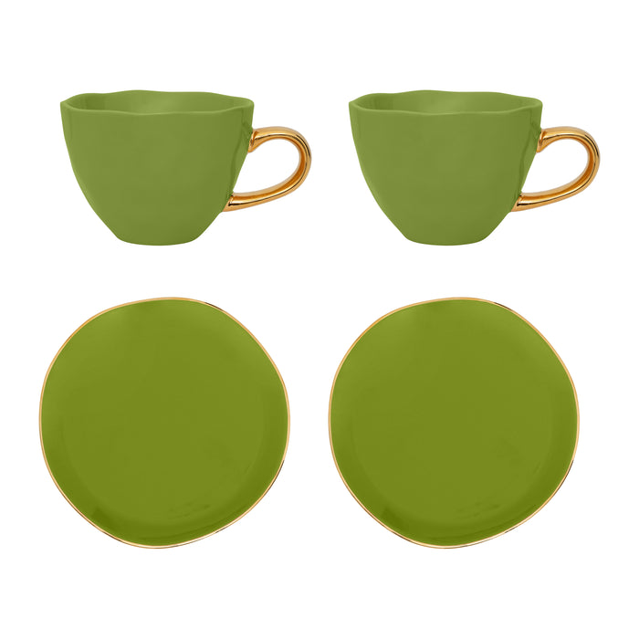Urban Nature Culture Good Morning Kop Cappuccino/Thee en Bord Evergreen Sprig - Set van 4 - In Geschenkverpakking