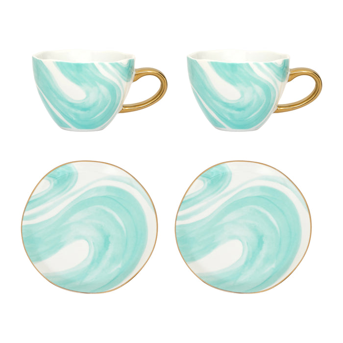 Urban Nature Culture Good Morning Kop Cappuccino/Thee en Bord Valuri Emerald Green - Set van 4 - In Geschenkverpakking