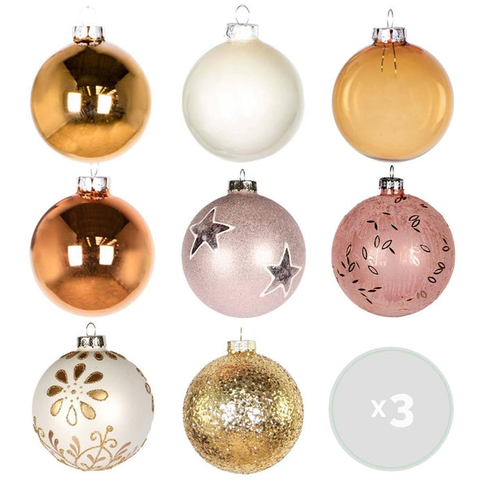 Bloomique - Kerstballen set glas - 24x – Incl. haakjes – Roze - 8 cm