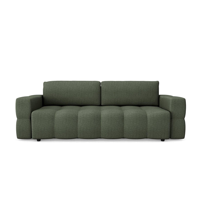 4-zits slaapbank in walnoten kast met olijfgroene geweven stof