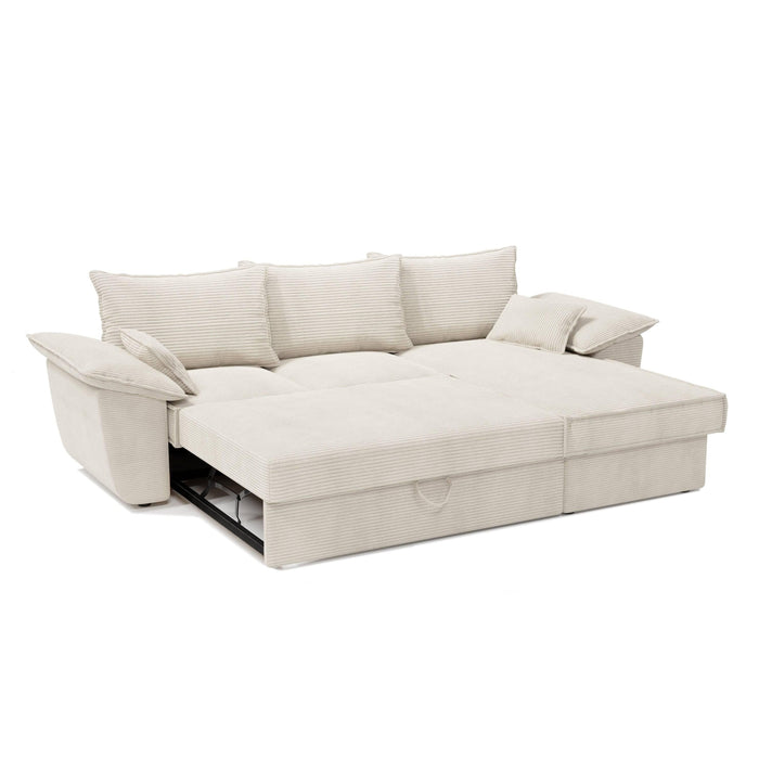 Rechte hoekbank met box cabrio in crème ribfluweel 257cm