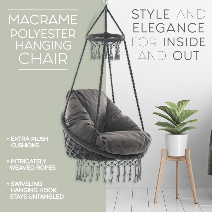 Vivere Polyester Macrame Deluxe Stoel met Franje - Dauw Grijs
