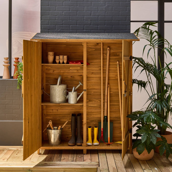 sweeek - 140 cm tuinhuisje in dennenhout, 4 opbergruimtes