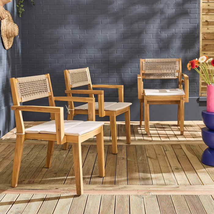 sweeek - Set van 4 acaciahouten tuinstoelen met kussen en touw