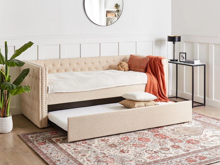 Beliani - GASSIN - Onderschuifbed - Lichtbeige - 90 x 200 cm - Bouclé