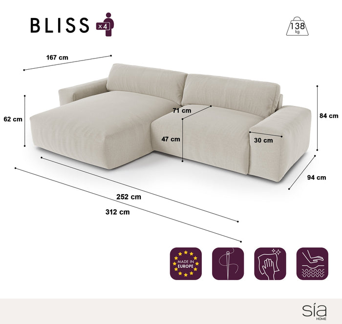 Sofa linkerhoek fluweel crème 310cm