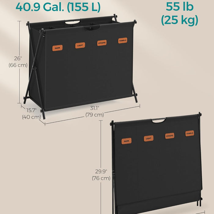 Wasmand - Wassorteerder - 4 vakken - 155 Liter - X-frame - Zwart