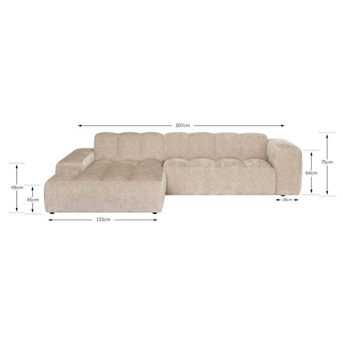by fonQ Plume 3-zits Hoekbank met Chaise Longue XL Links - Chenille - Beige