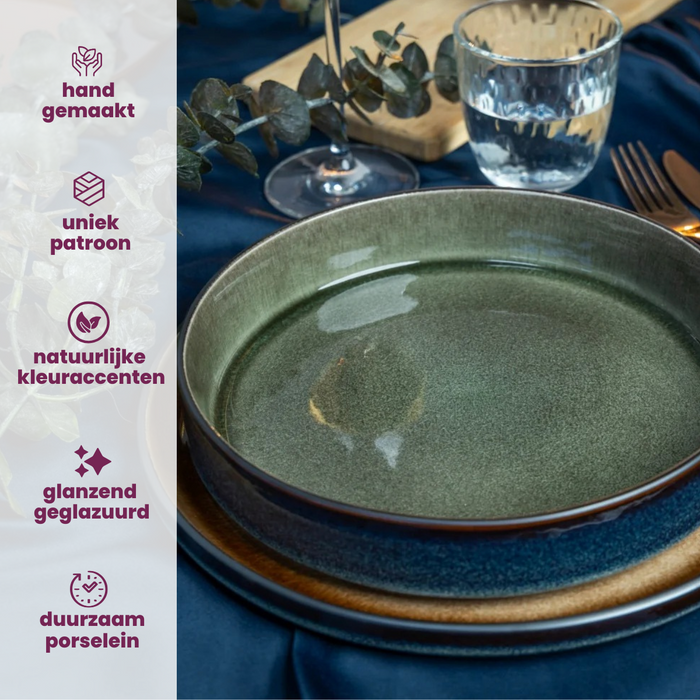 Cosy & Trendy Serviesset Quintana Green 18-delig | 6 personen - 6 dinerborden, 6 diepe borden en 6 ontbijtborden