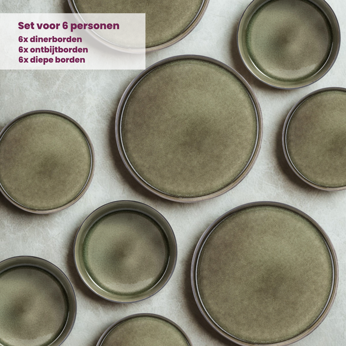 Cosy & Trendy Serviesset Quintana Green 18-delig | 6 personen - 6 dinerborden, 6 diepe borden en 6 ontbijtborden
