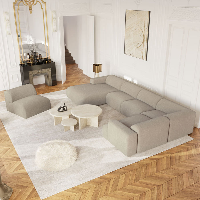Links panoramische sofa beige fluweelpatroon