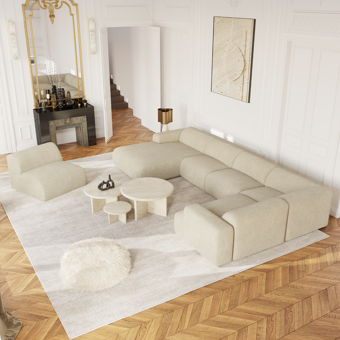 Links panoramische bank fluweel met crèmepatroon