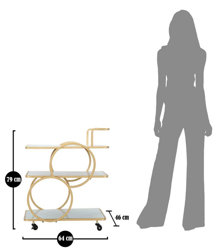 MARBLE - Trolley in goud metaal met 3 glazen planken