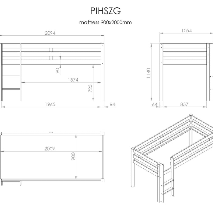 LUCEVI - Pino Halfhoogslaper met Ladder 90x200cm - Grijs - H115CM