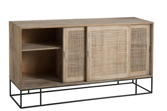 J-line - Kast 3 Schuifdeuren Riet Mangohout Naturel - 160x45x85cm