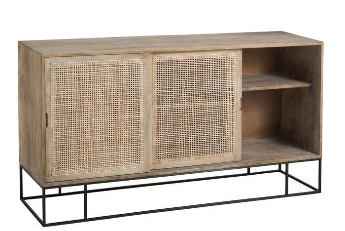 J-line - Kast 3 Schuifdeuren Riet Mangohout Naturel - 160x45x85cm