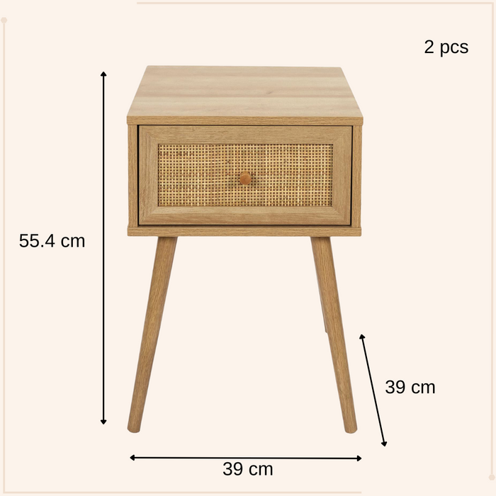 MISOU Nachtkastje Met Lade Set van 2 Rotan Webbing Hout BALI HANNAH