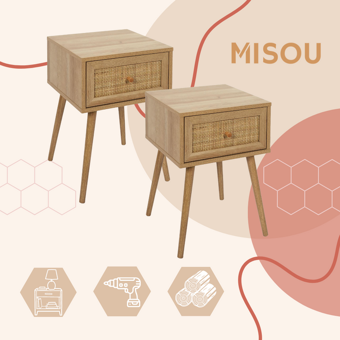 MISOU Nachtkastje Met Lade Set van 2 Rotan Webbing Hout BALI HANNAH