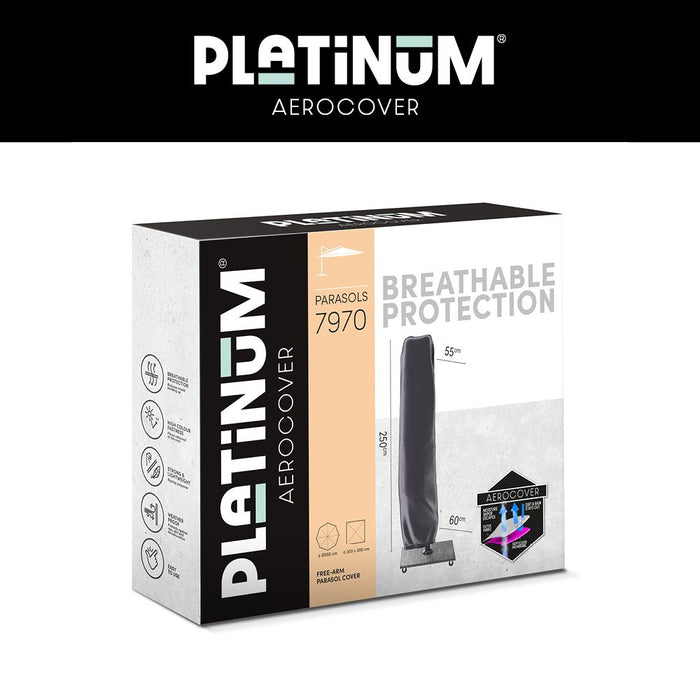 Platinum Challenger zweefparasol Premium T2 champagne teak met vulbare parasolvoet en hoes