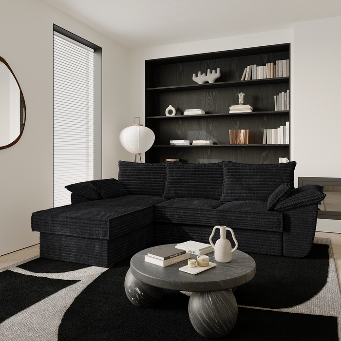 XXL zwart ribfluweel linker hoekbank 257cm