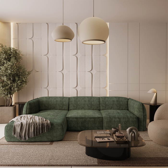 Hoekbank links in olijfgroen geweven fluweel