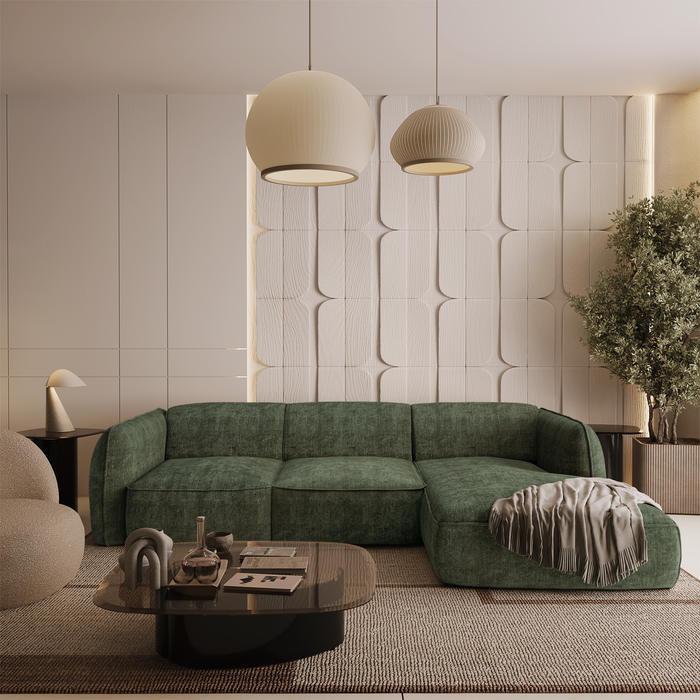 Olijfgroene geweven fluwelen hoekbank rechts