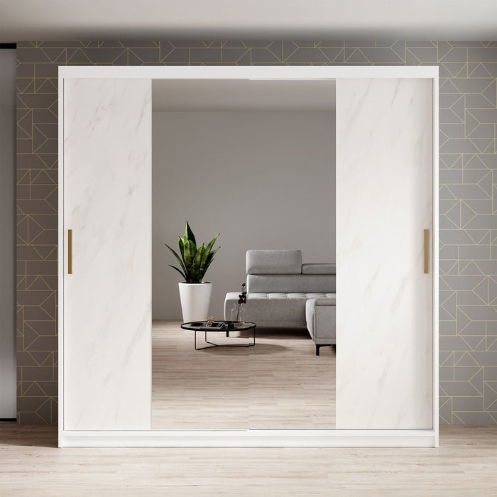 Meubella - Kledingkast Marmer 2 - Wit - 200 cm - Met spiegel