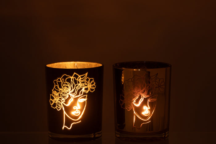J-Line windlicht dame haar bloemen - glas - zwart|goud - medium - 2 stuks