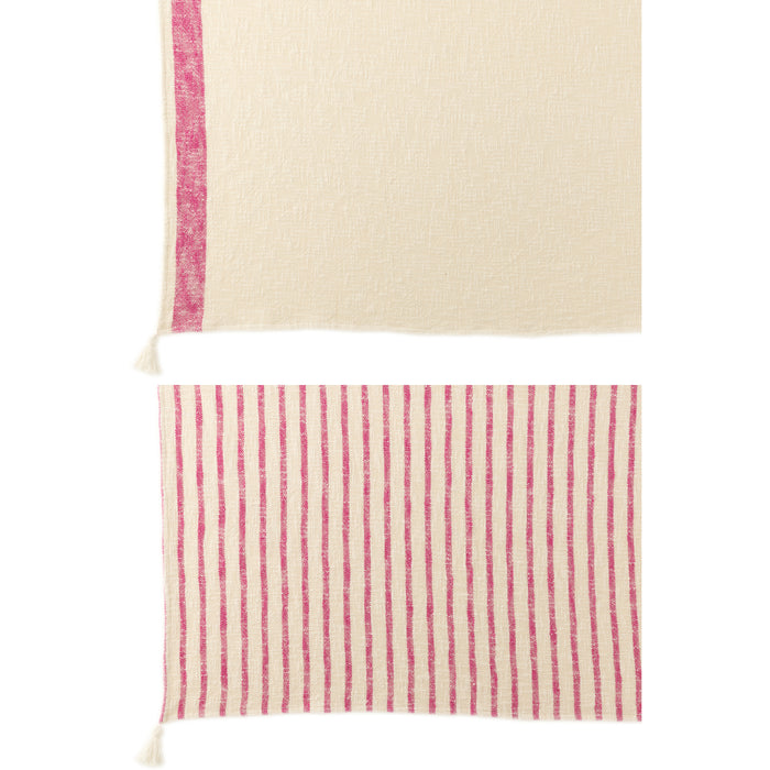 J-Line plaid Strepen + Kwasten - katoen - wit|roze - 2 stuks