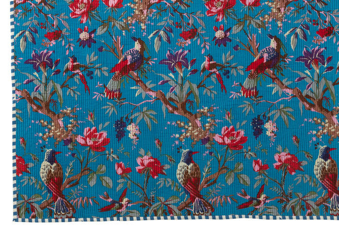 J-Line deken vogels|bloemen - katoenfluweel - blauw