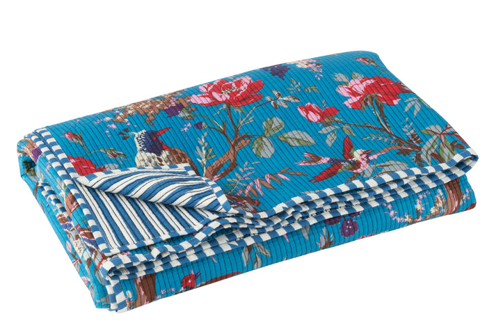 J-Line deken vogels|bloemen - katoenfluweel - blauw