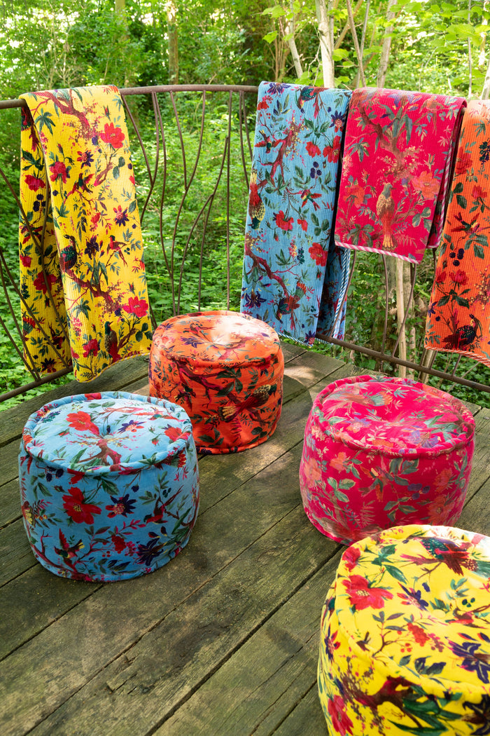 J-Line deken vogels|bloemen - katoenfluweel - blauw