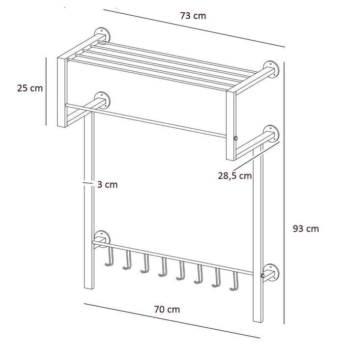 Ylumen Kapstok met 8 haken 70 cm breed - 90 cm hoog Zwart