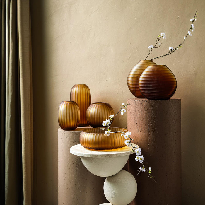 PTMD Lavanya Brown Carved Glass Bowl Shaped Vase Ribbed