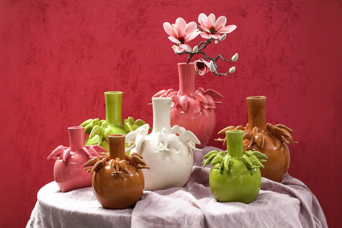 PTMD Emmelyn Pink Bulb Ceramic Glazed Vase Birds L