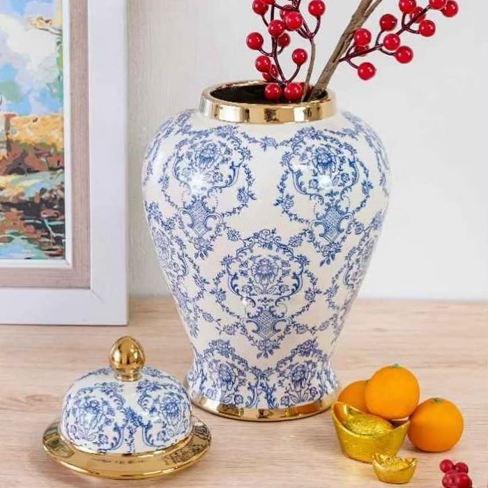 Fine Asianliving Chinese Gemberpot Blauw Wit Goud
