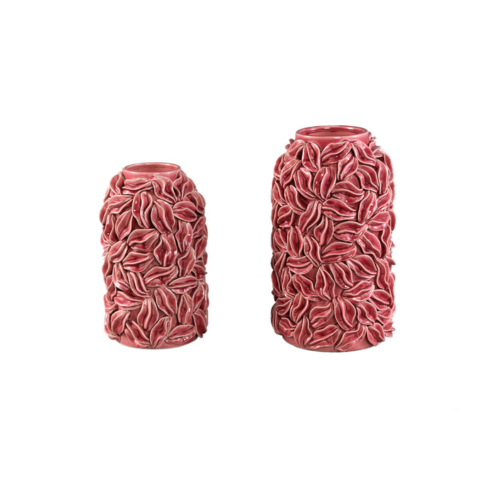 PTMD Zubeda Pink Round Glazed Ceramic Pot With Leaves L