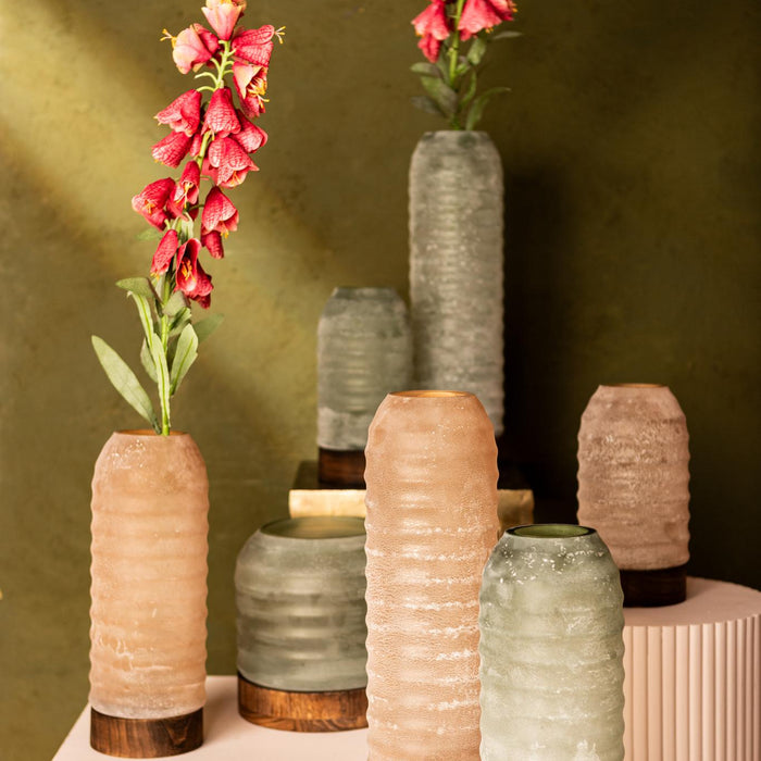 PTMD Yana Green Matte Ribbed Glass Vase Round Low