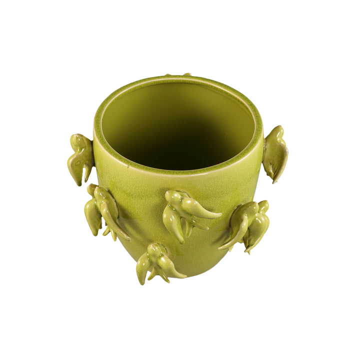 PTMD Emmelyn Green Round Ceramic Glazed Pot Birds L