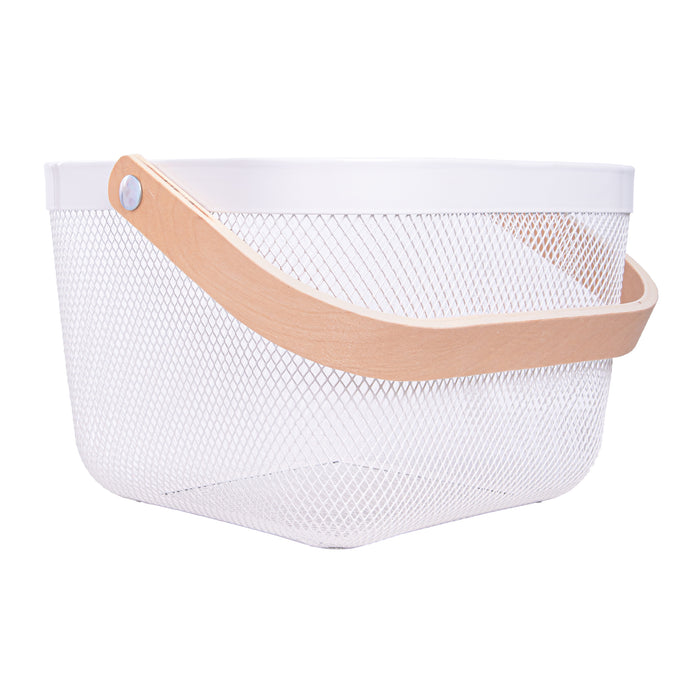 QUVIO Draagbare mand – Met houten handvat – Metaal - Wit