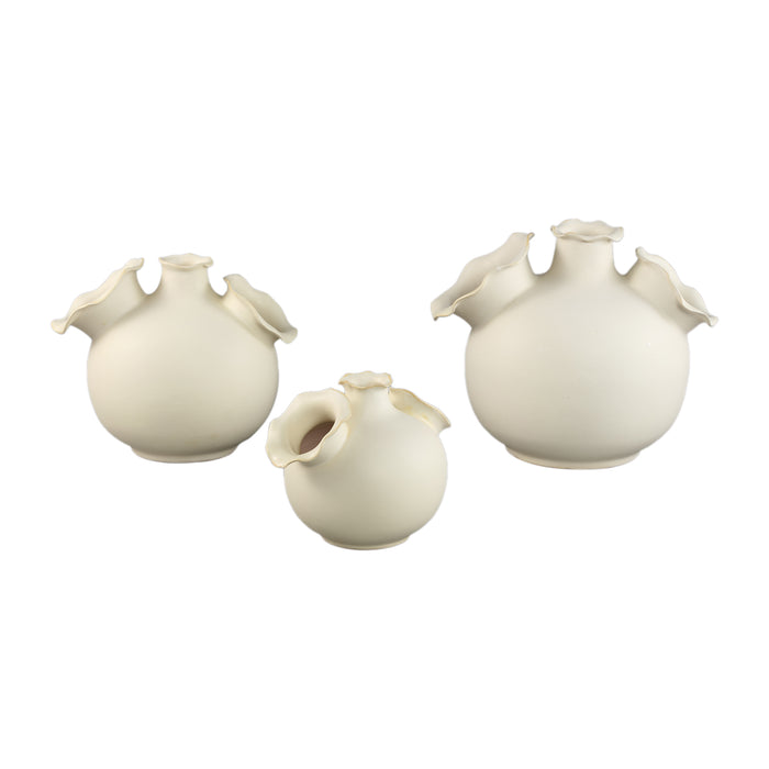 PTMD Umme Cream Round Glazed Ceramic Vase Wavy Edges L