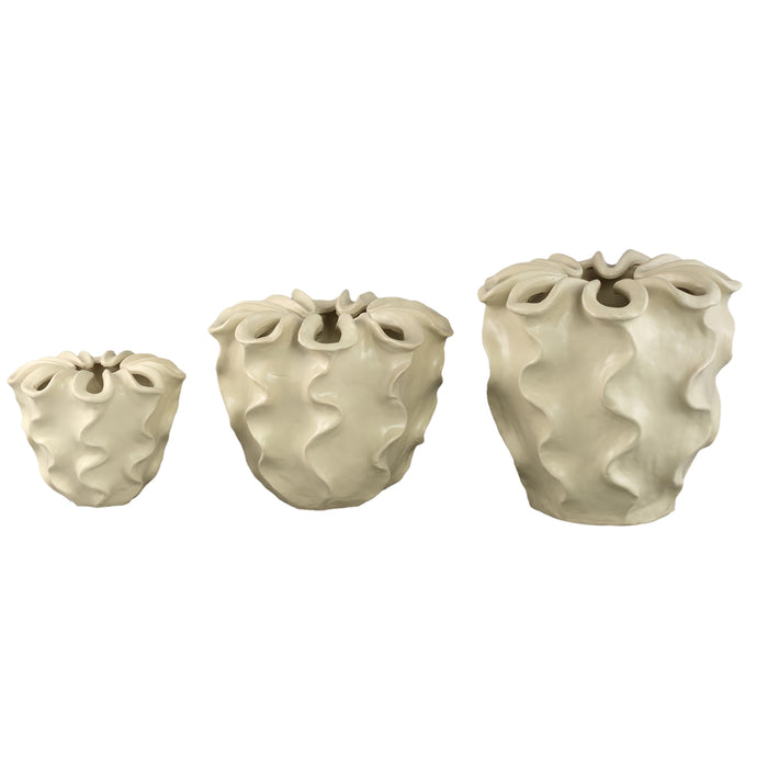 PTMD Rudie Cream Matt Ceramic Pot With Wavy Print L