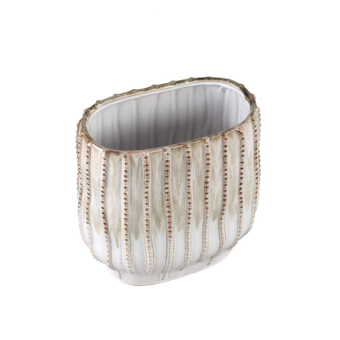 PTMD Dell Cream ceramic glazed pot line pattern oval L