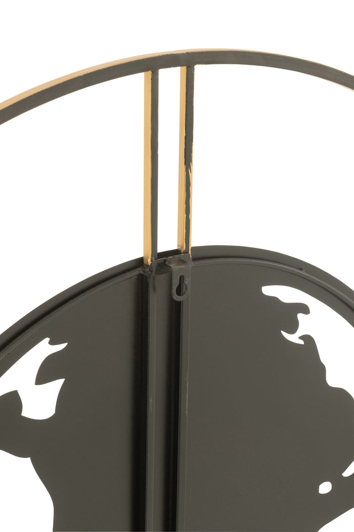 J-line - Klok Wereldkaart Gaten Metaal Zwart|goud Large - 90x4x90cm