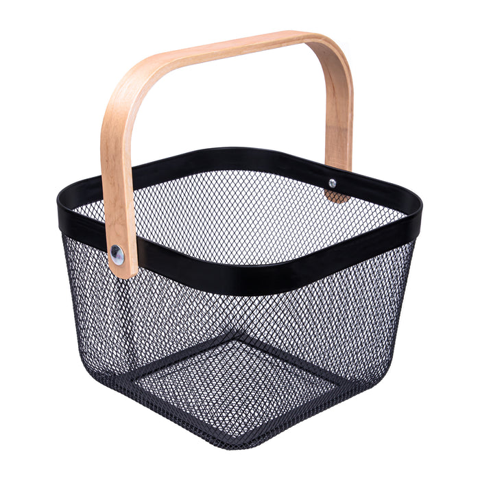 QUVIO Draagbare mand – Met houten handvat – Metaal - Zwart