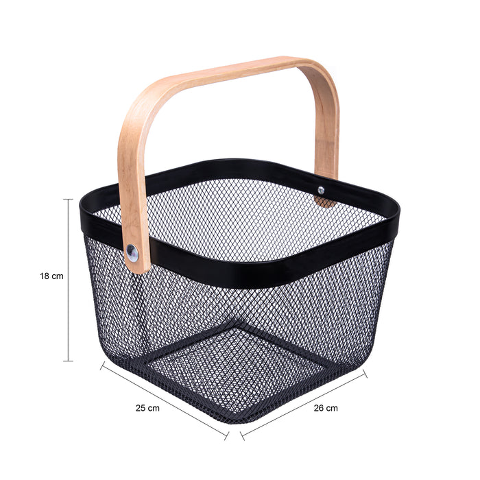 QUVIO Draagbare mand – Met houten handvat – Metaal - Zwart