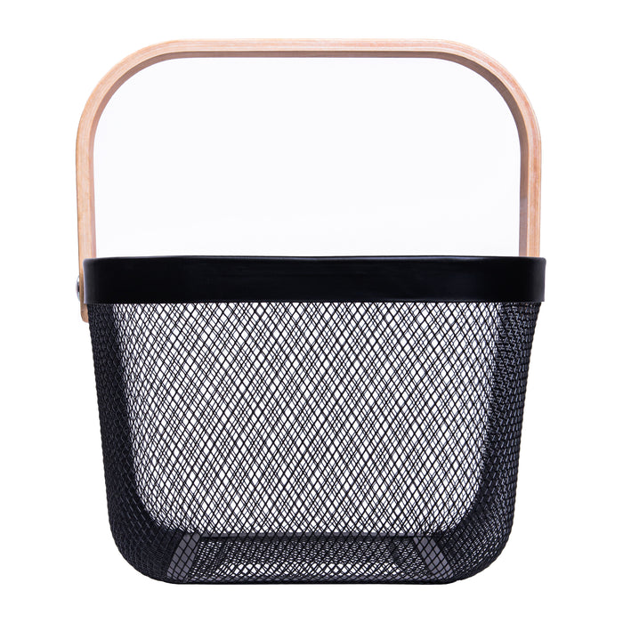 QUVIO Draagbare mand – Met houten handvat – Metaal - Zwart