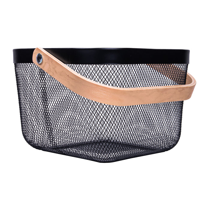 QUVIO Draagbare mand – Met houten handvat – Metaal - Zwart
