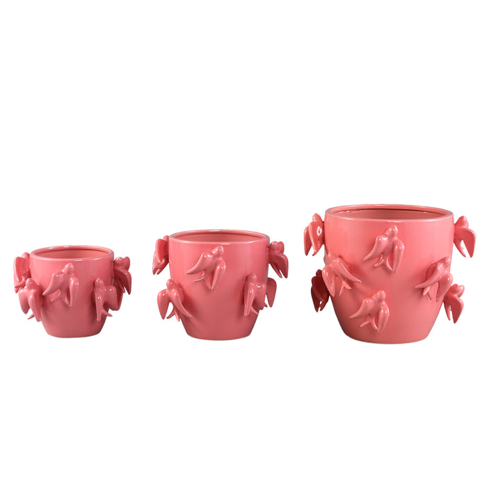 PTMD Emmelyn Pink Round Ceramic Glazed Pot Birds L